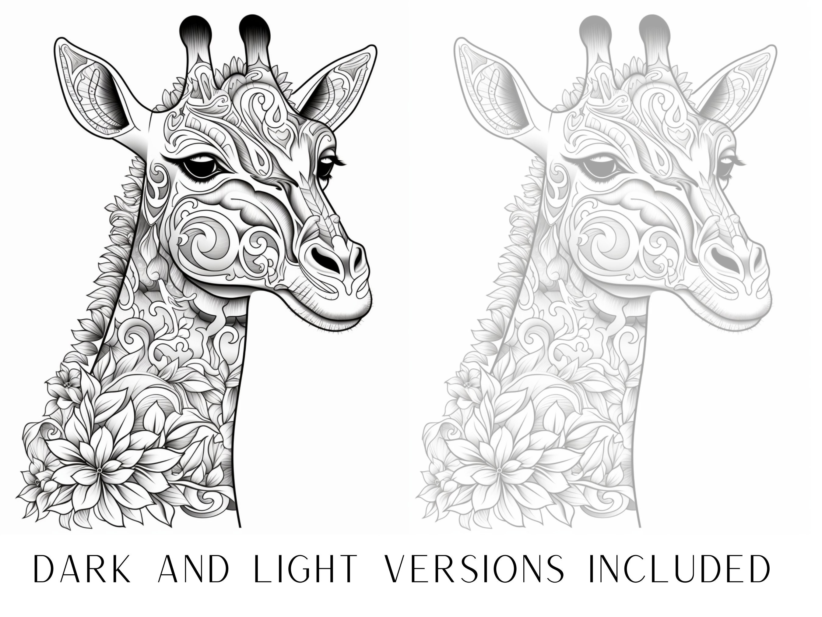 Patterned floral giraffe coloring pages adults and kids coloring book digital coloring sheets instant download printable pdf file instant download