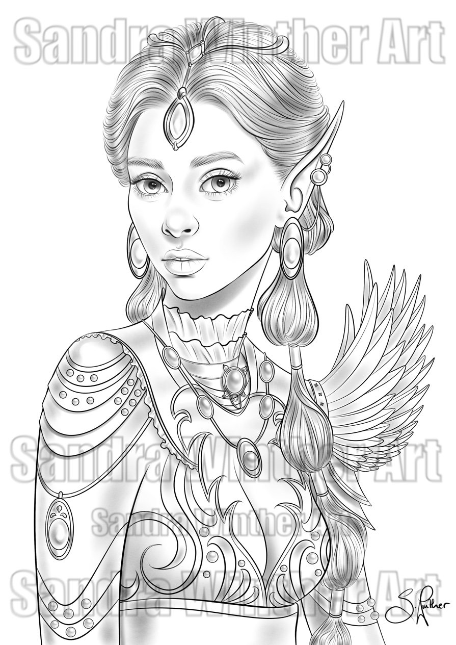 Elf lady printable digital coloring page