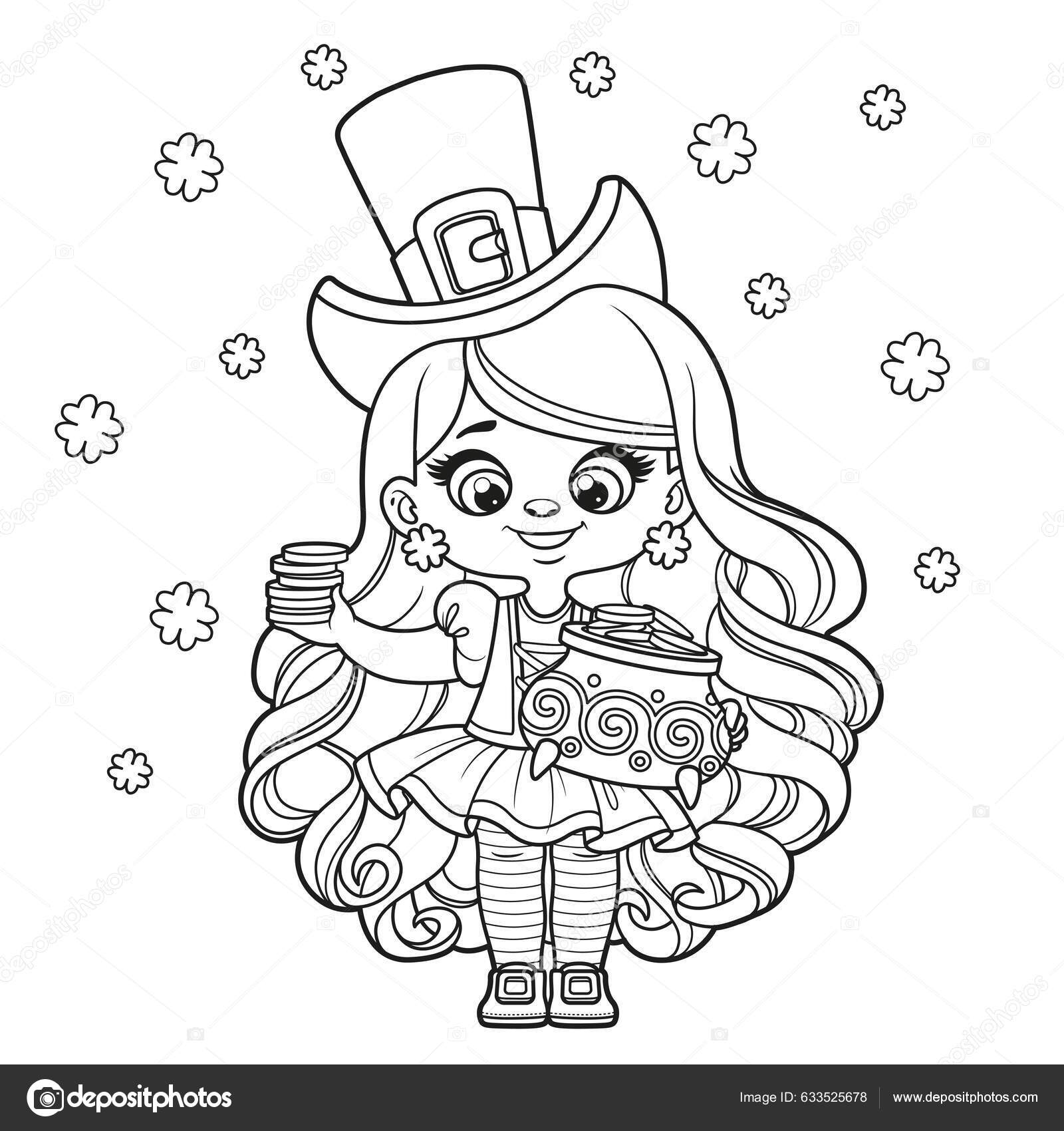 Cute cartoon long haired leprechaun girl pot gold outlined coloring stock vector by yadviga