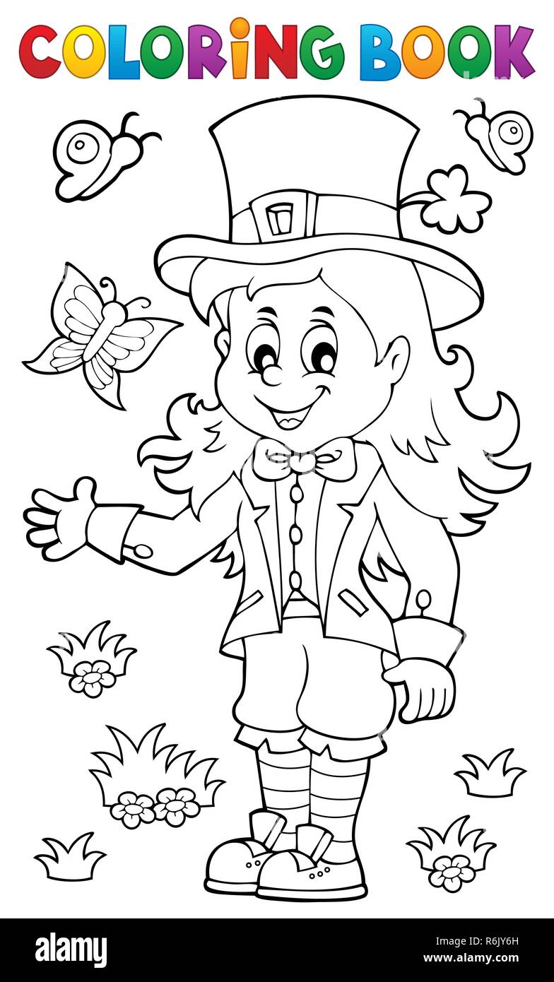 Coloring book leprechaun girl theme stock photo