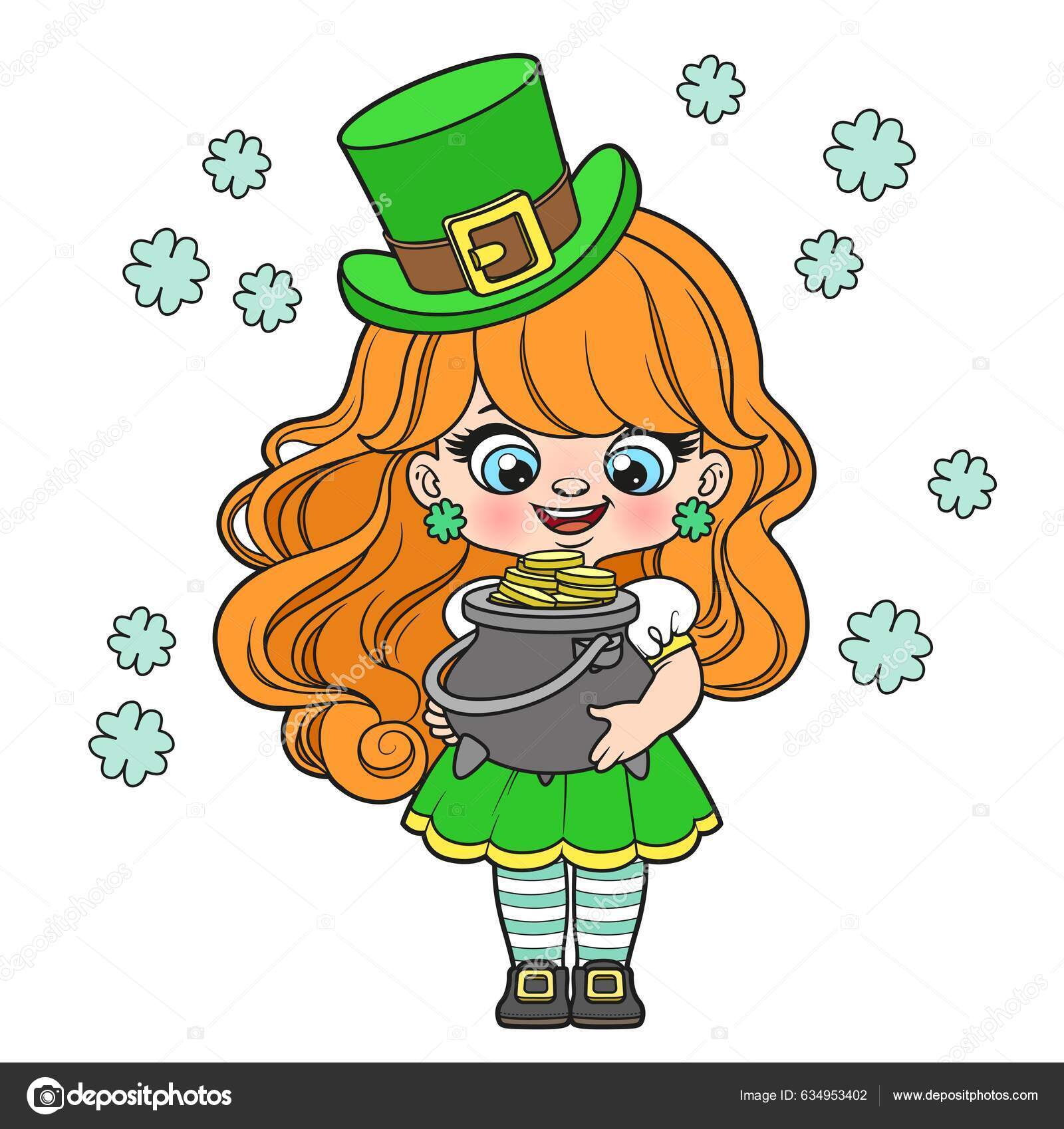 Cute cartoon leprechaun girl pot gold color variation coloring page stock vector by yadviga