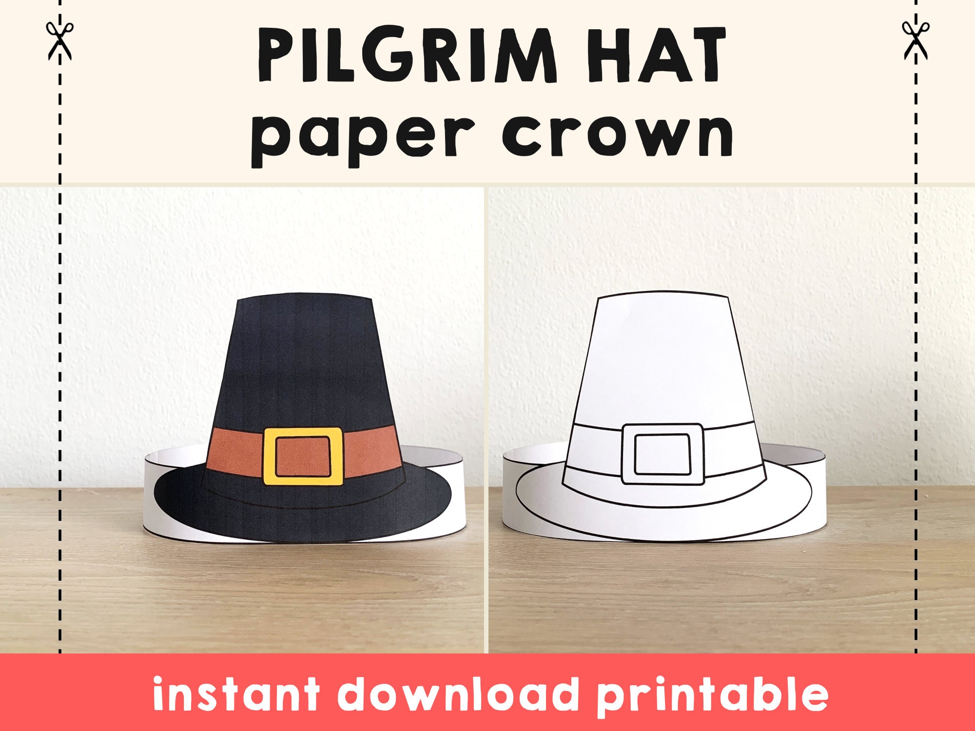 Pilgrim hat paper crown thanksgiving settler party coloring printable kids craft costume printable favor costume diy instant download