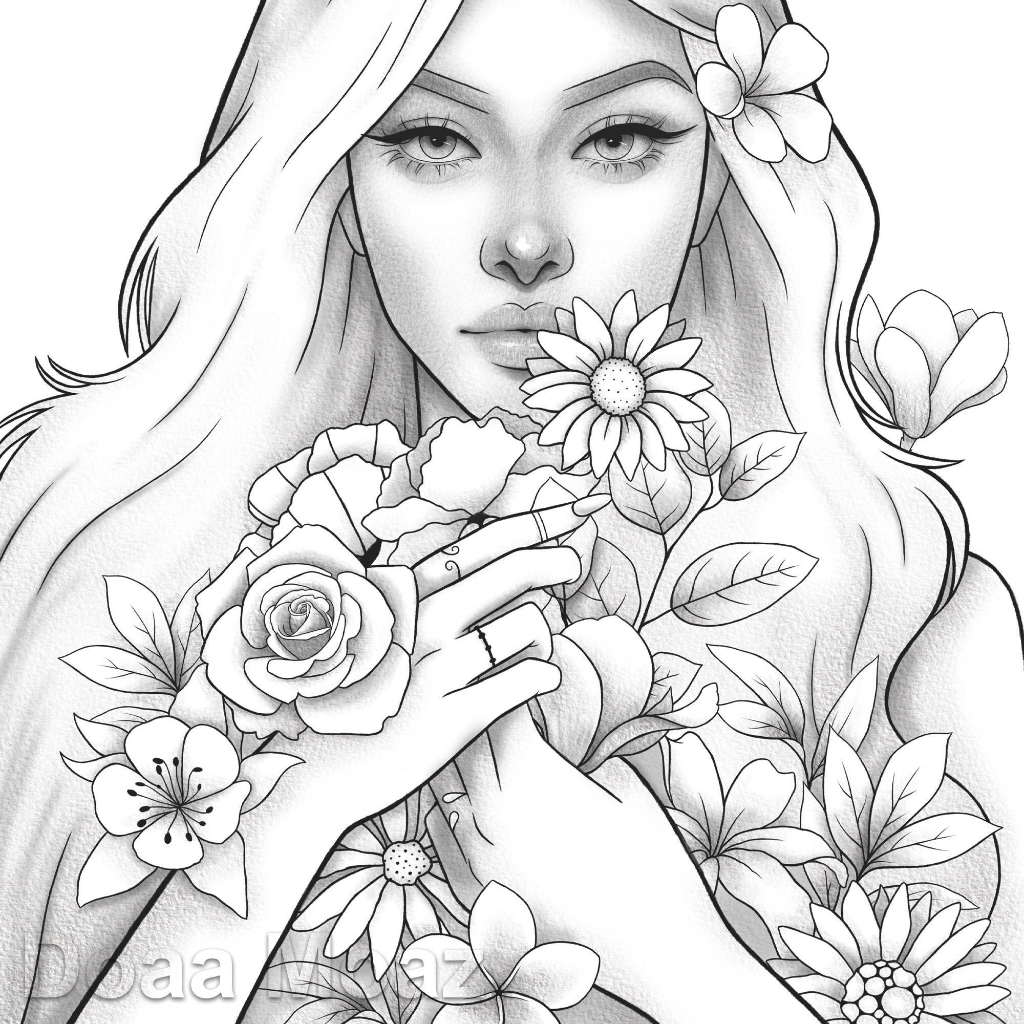 Printable coloring page fantasy floral girl portrait