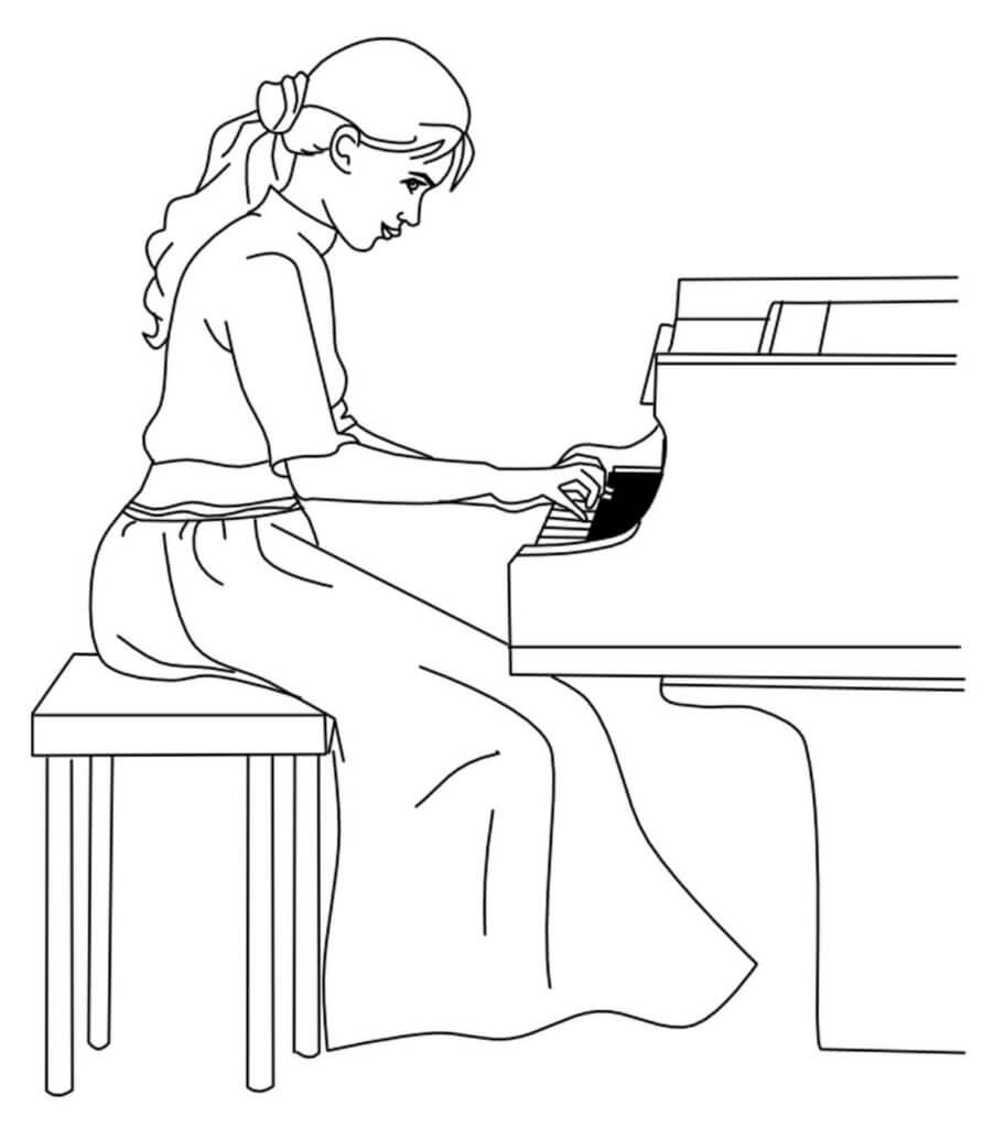 Beautiful girl playing piano coloring page