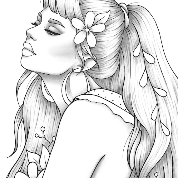 Printable coloring page girl portrait and clothes colouring sheet floral pdf adult anti