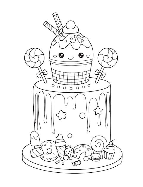 Premium vector vector illustration cute cartoon birthday cake coloring page