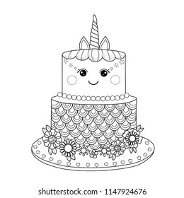 Unicorn cake coloring book adult vector stock vector royalty free