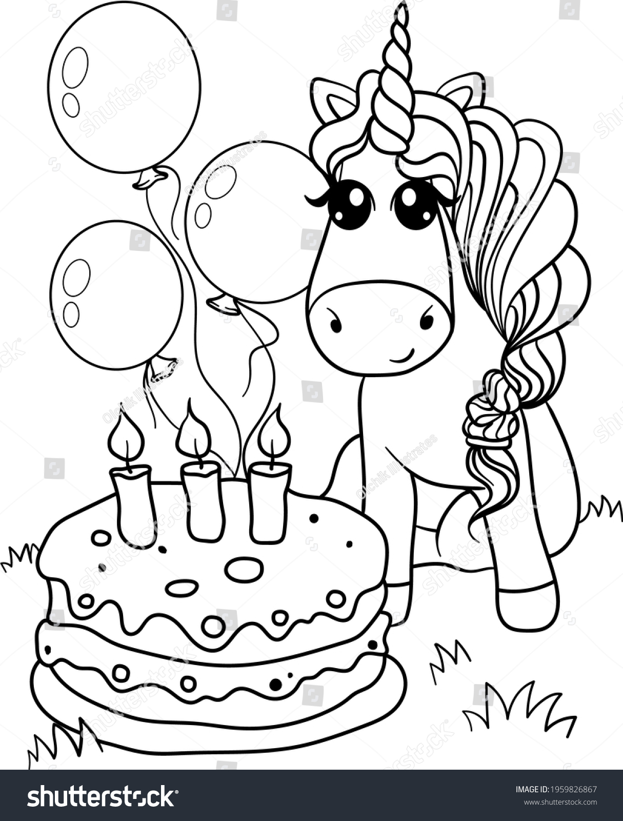 Unicorn cake coloring book cute line stock illustration