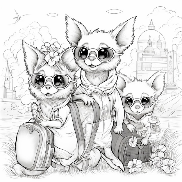 Premium ai image coloring pages of a family of three cats with luggage generative ai