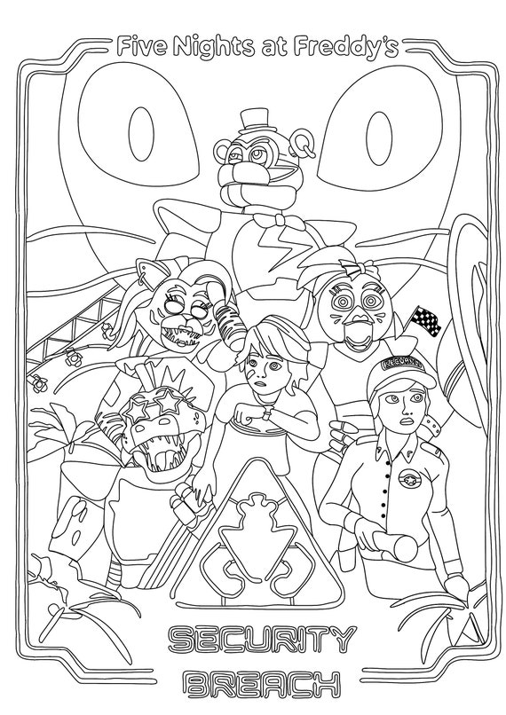 A digital downloadable adult colouring page fnaf security breach group