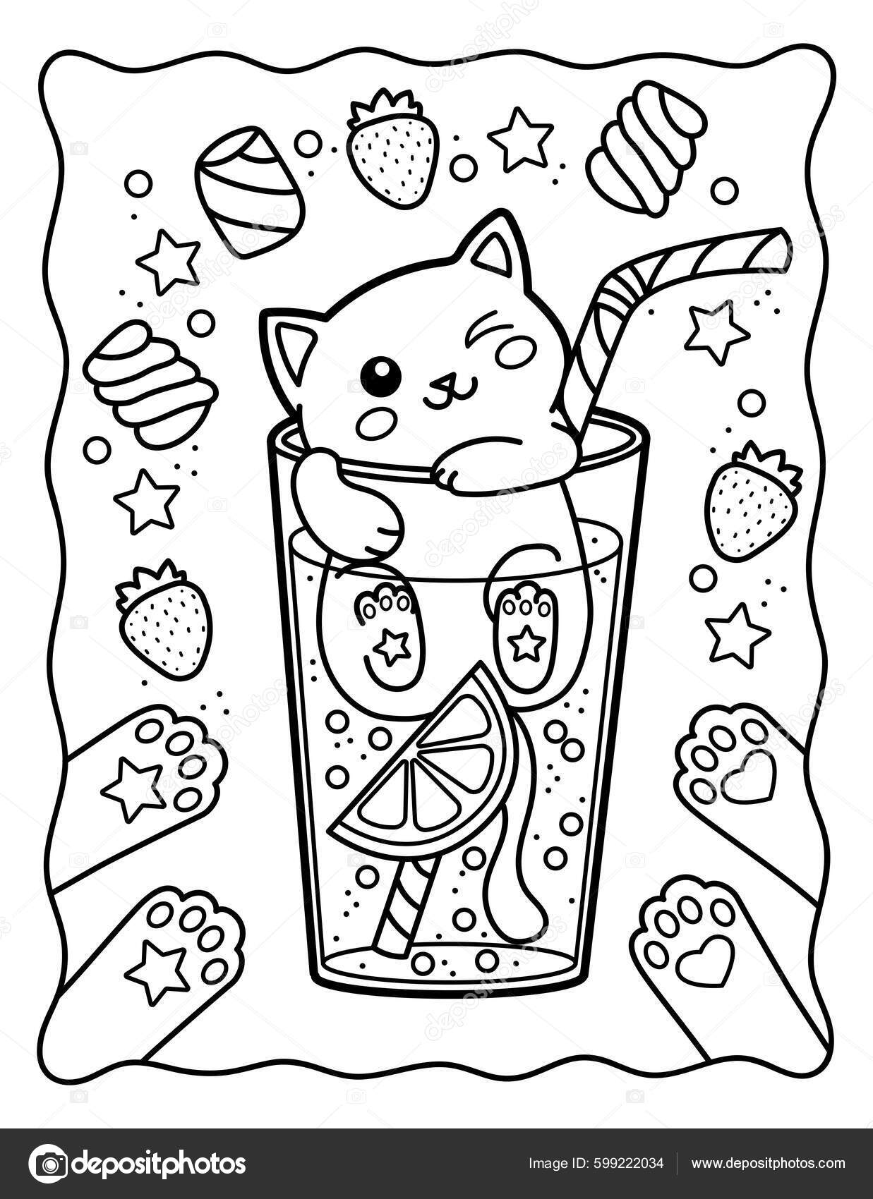 Kawaii coloring page cool kitten glass lemonade coloring book black stock vector by meineillustrations