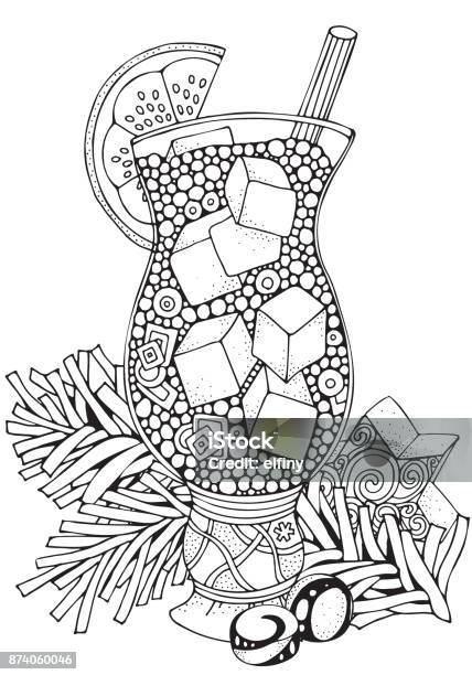 Glass cup with lemonade and ice pieces adult coloring book page christmas decoration handdrawn vector illustration black and white pattern for coloring book stock illustration