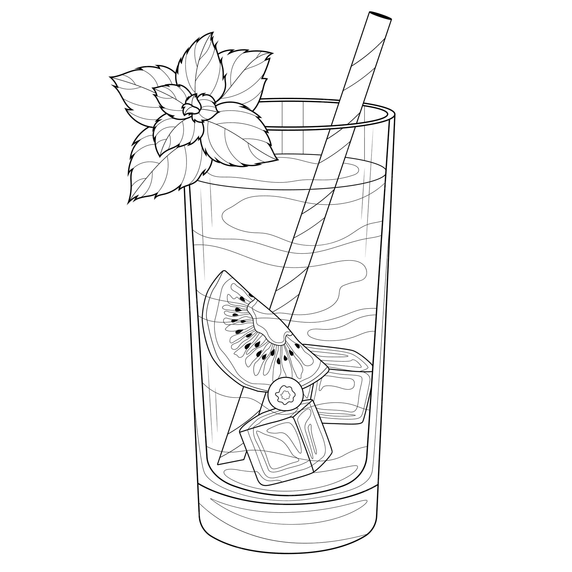 Premium vector glass of lemonade with fruits and mintcoloring book antistress for children and adults