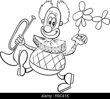 Caricatura en blanco y negro ilustraciãn del circo payaso divertido personaje con trompeta y globo coloring book imagen vector de stock