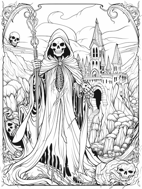 Premium ai image gothic gloom intricate coloring page featuring horror sadness in strange castle