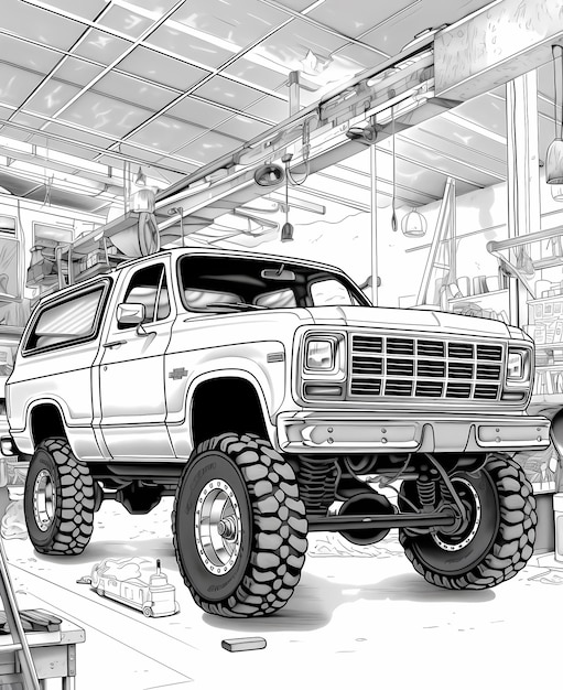 Premium ai image coloring page realistic gmc van monster truck in a work shop with wheels