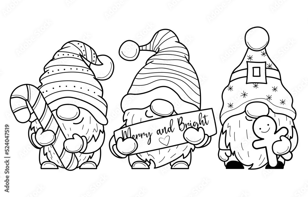 Cute cartoon christmas gnome with gifts for coloring bookline art design for kids coloring page coloring page outline vector