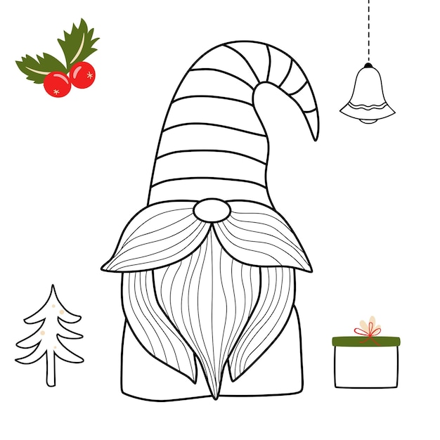 Premium vector coloring book pages christmas gnome coloring page gnomes christmas gnome character holiday gnomes santa line art vector illustration christmas tree gift box winter holiday simple coloring page