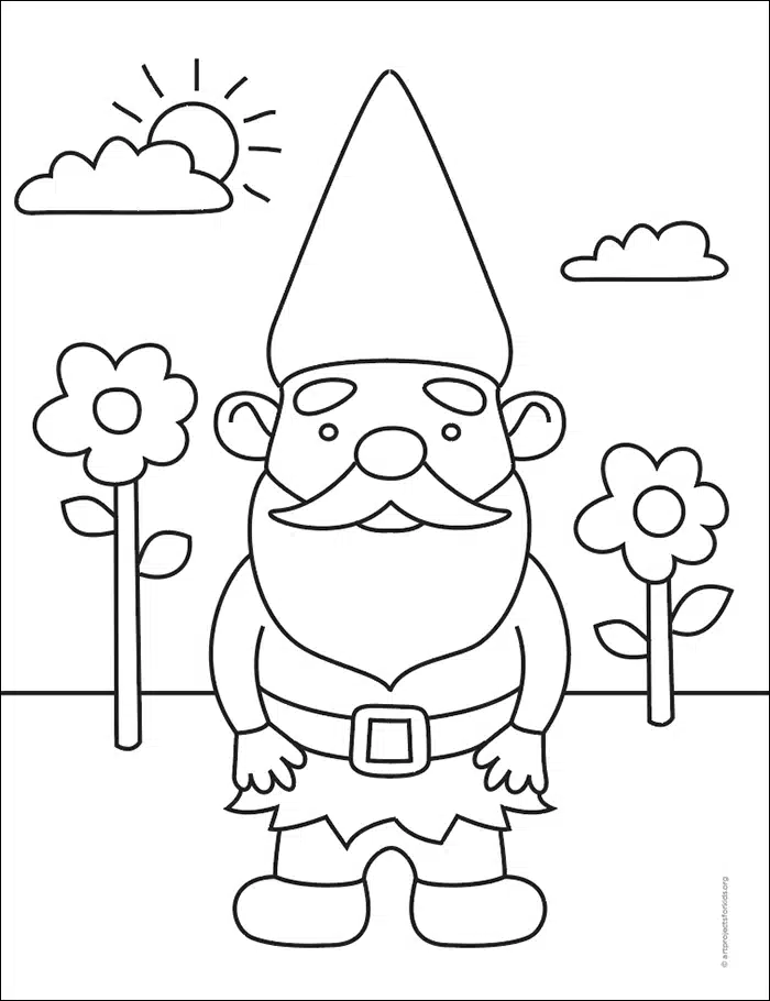 Easy how to draw a gnome tutorial and gnome coloring page