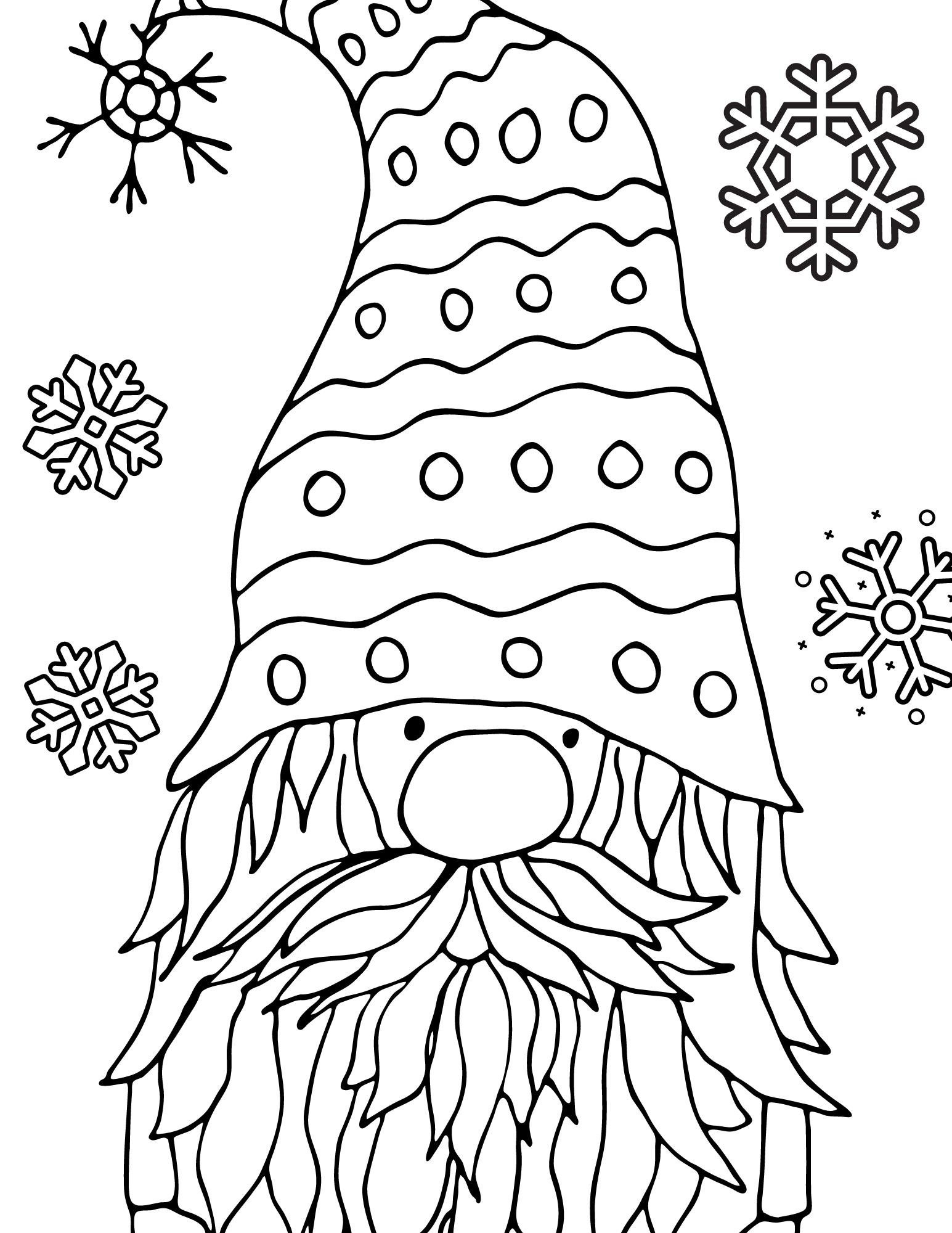 Free printable winter gnomes coloring pages for kids and adults