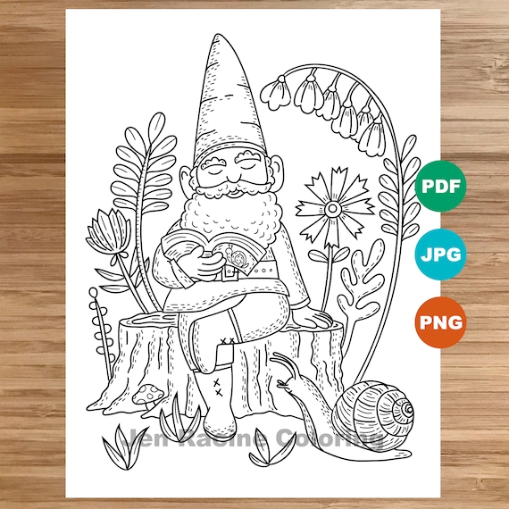 Reading gnome gnome coloring page garden gnomes gardening coloring page printable coloring page for kids coloring page for adults