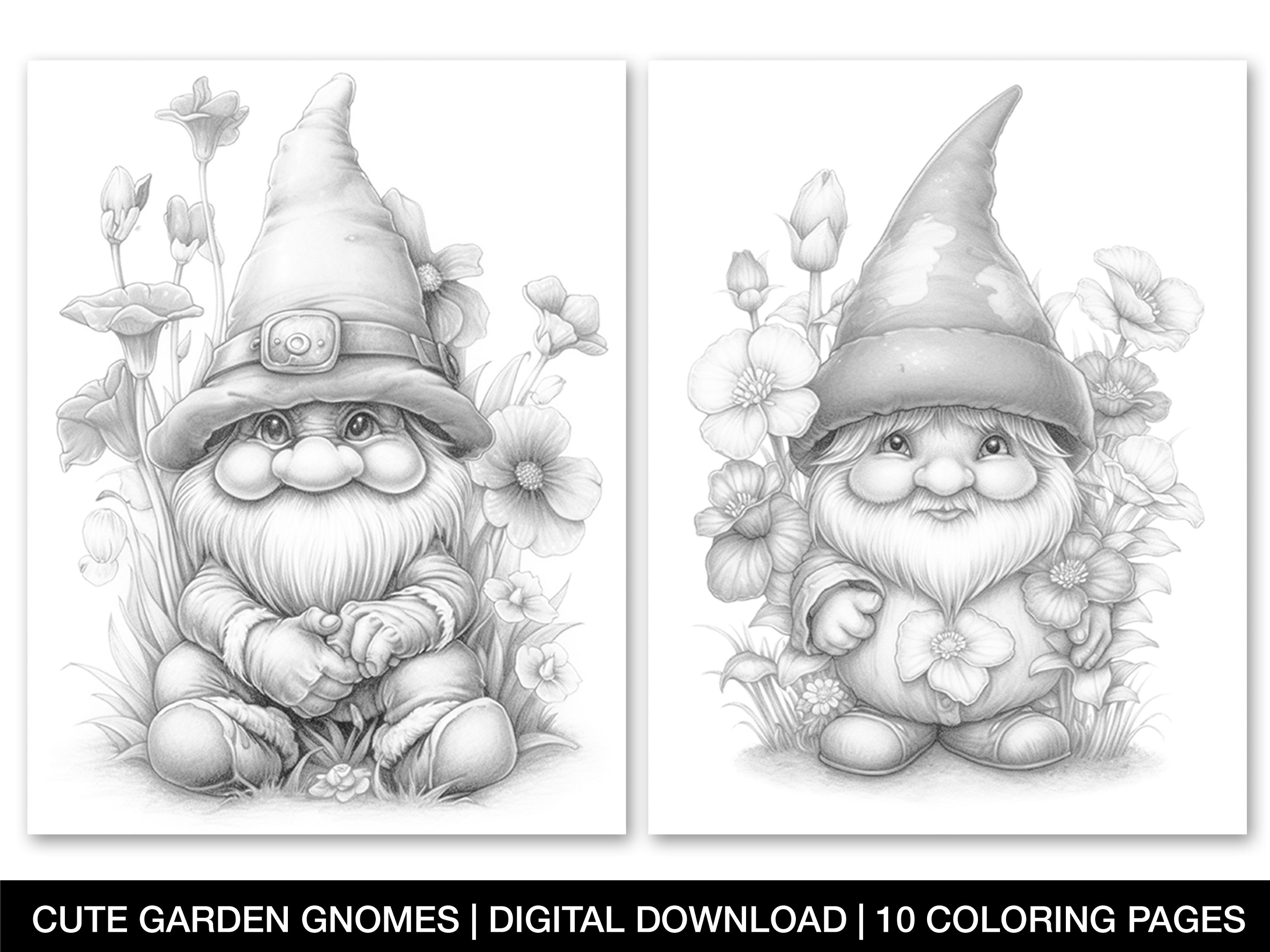 Cute garden gnomes coloring pages for adults printable magical gnomes grayscale coloring sheets enchanted gnomes instant download