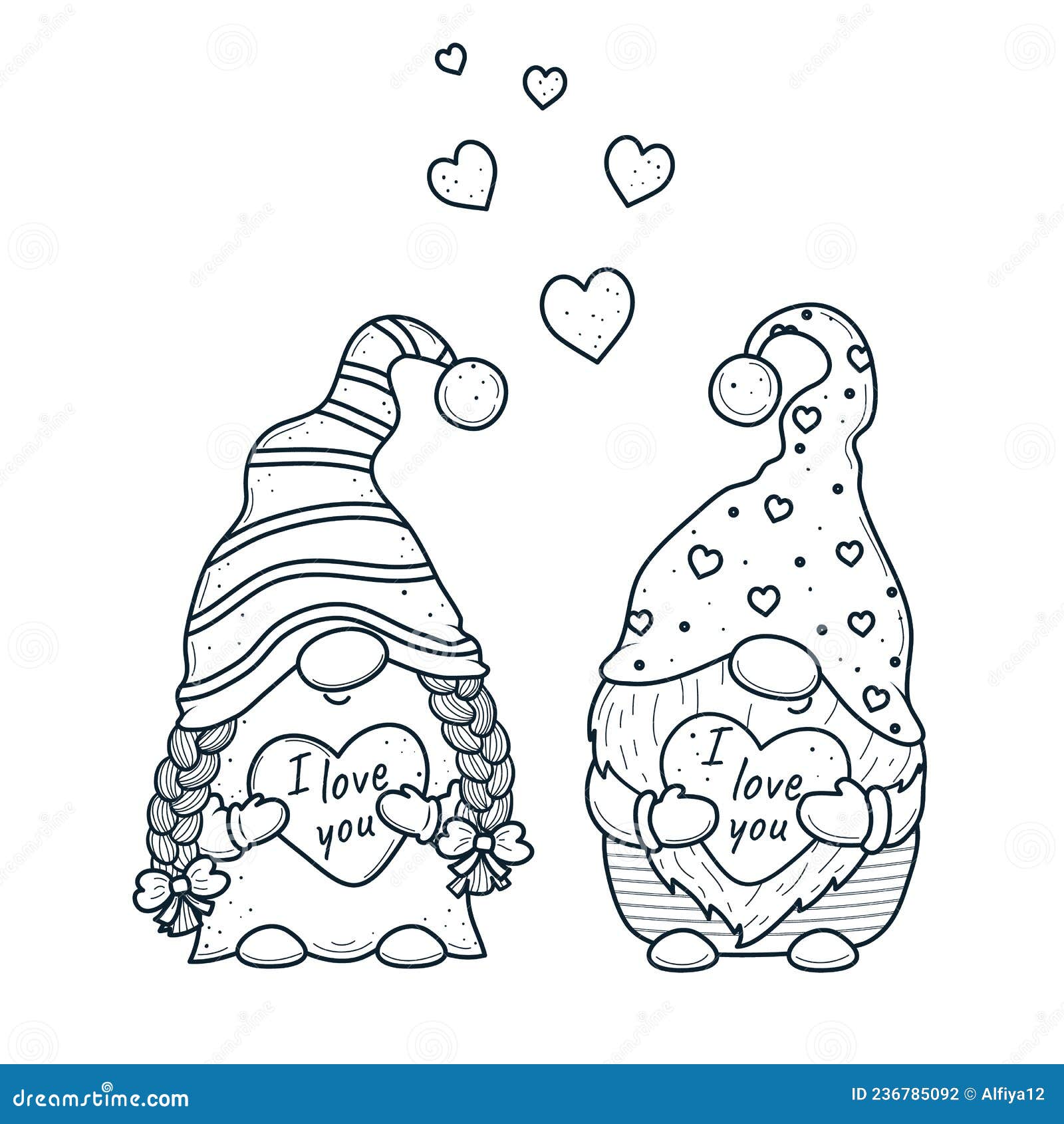 Cute valentine gnomes gnomes with hearts for coloring bookline art design for kids coloring page stock illustration