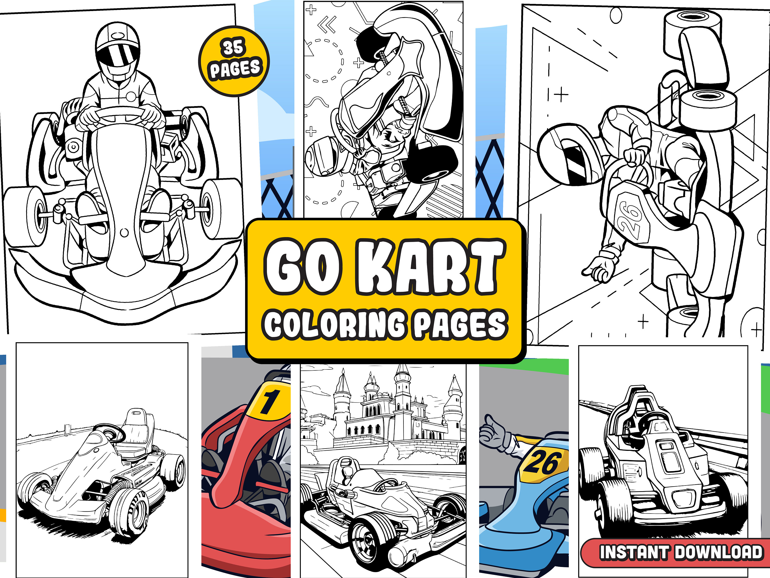 Go kart coloring pages four wheeled vehicle kart racing illustrations ready for publishing instant download source file