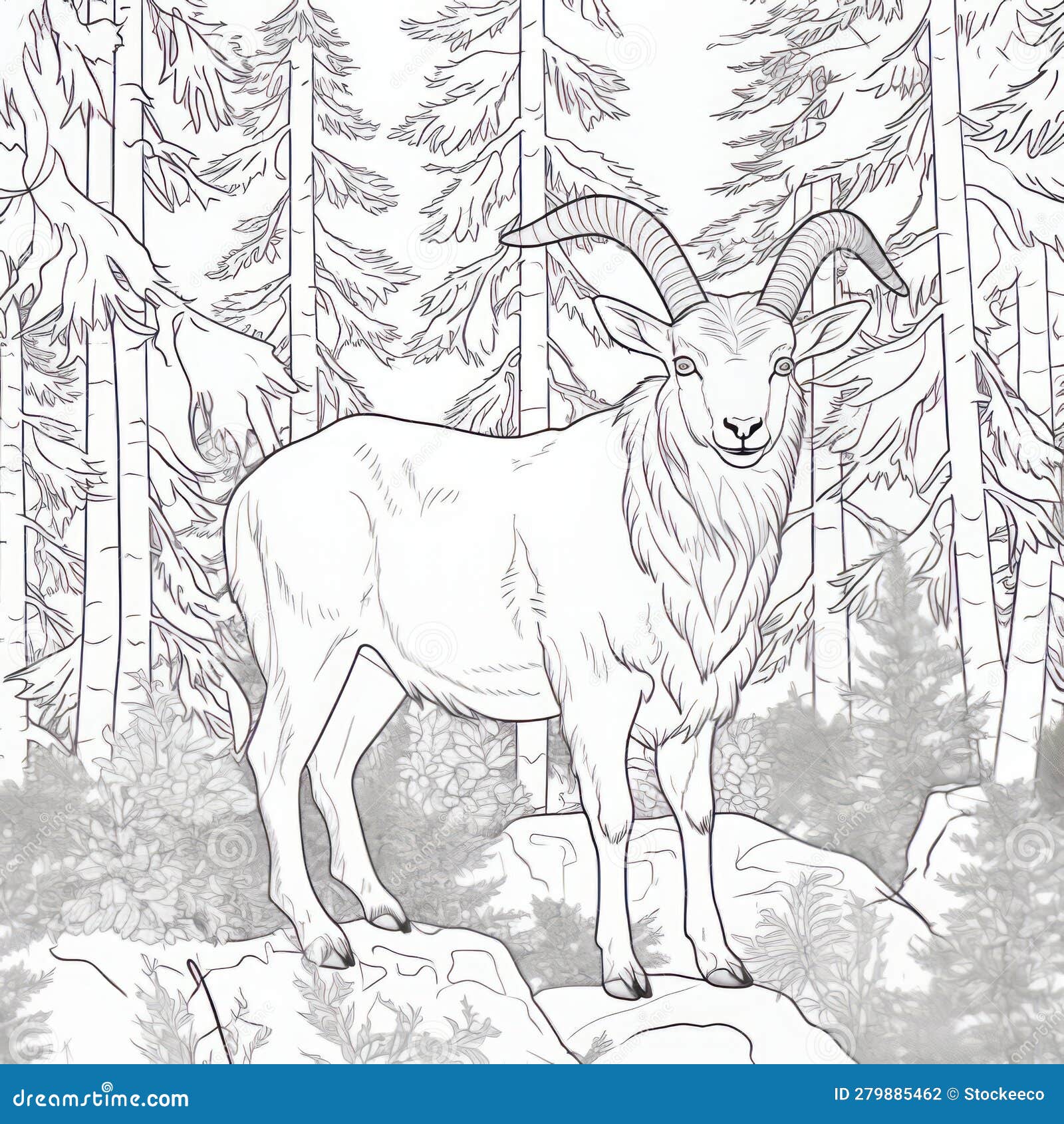 Hyperrealistic coloring page of a goat in a monochromatic forest stock illustration