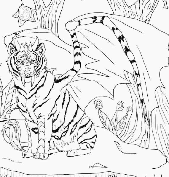 Tiger dragon downloadable coloring page instant download