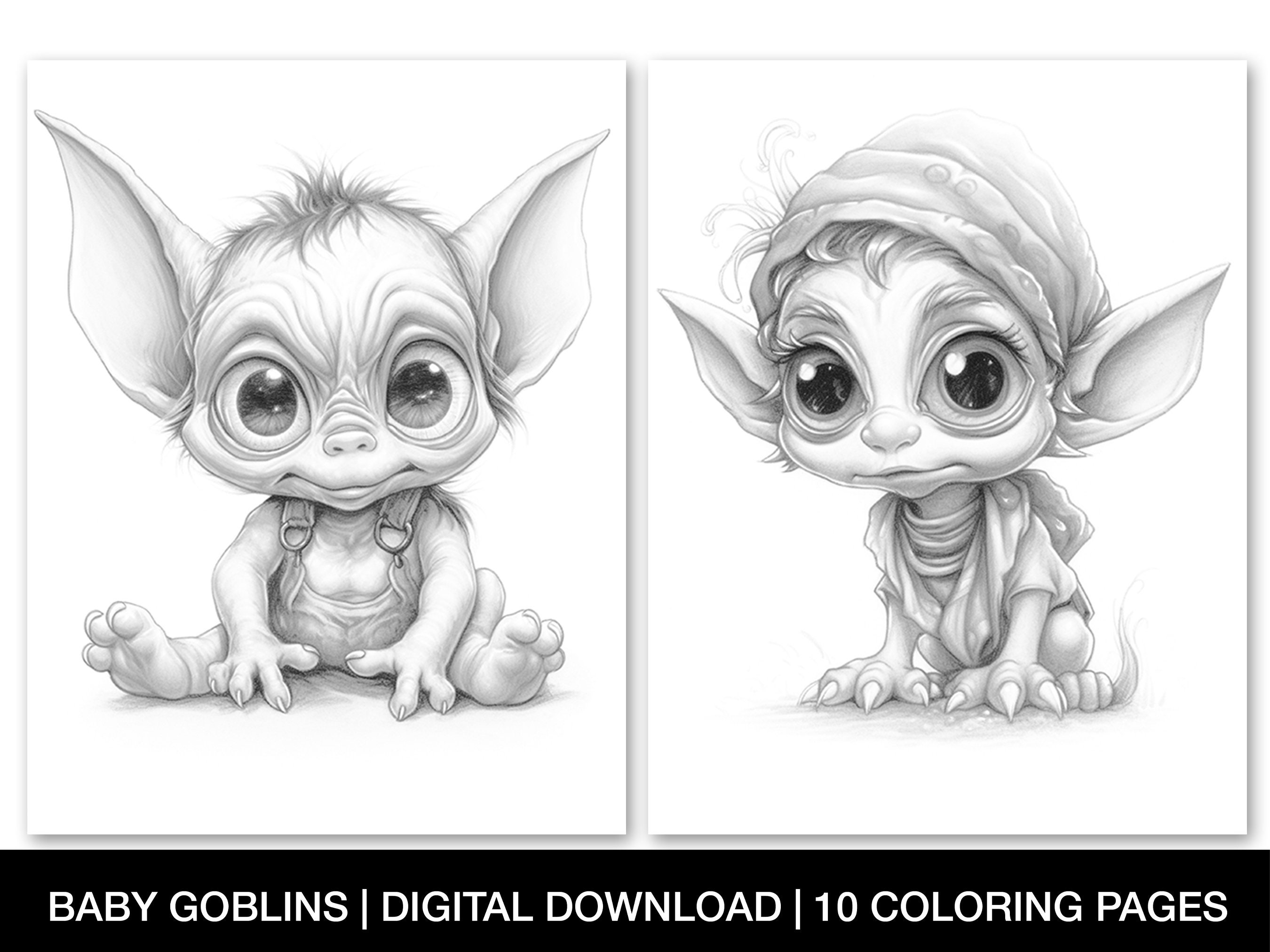 Cute baby goblins coloring pages for adults printable grayscale colouring pages fantasy baby goblin coloring sheets instant download