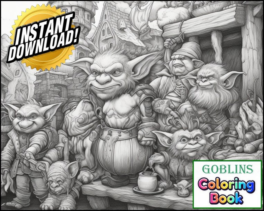 World of goblins premium coloring page printable goblin adult fantasy colouring pages book instant download grayscale illustration