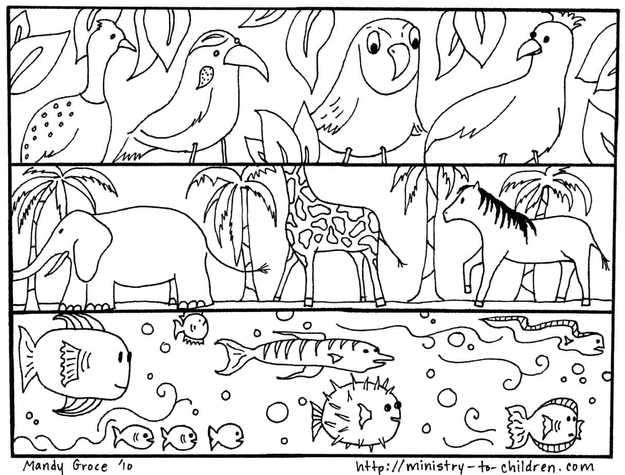 Creation coloring pages god made the animals fish birds