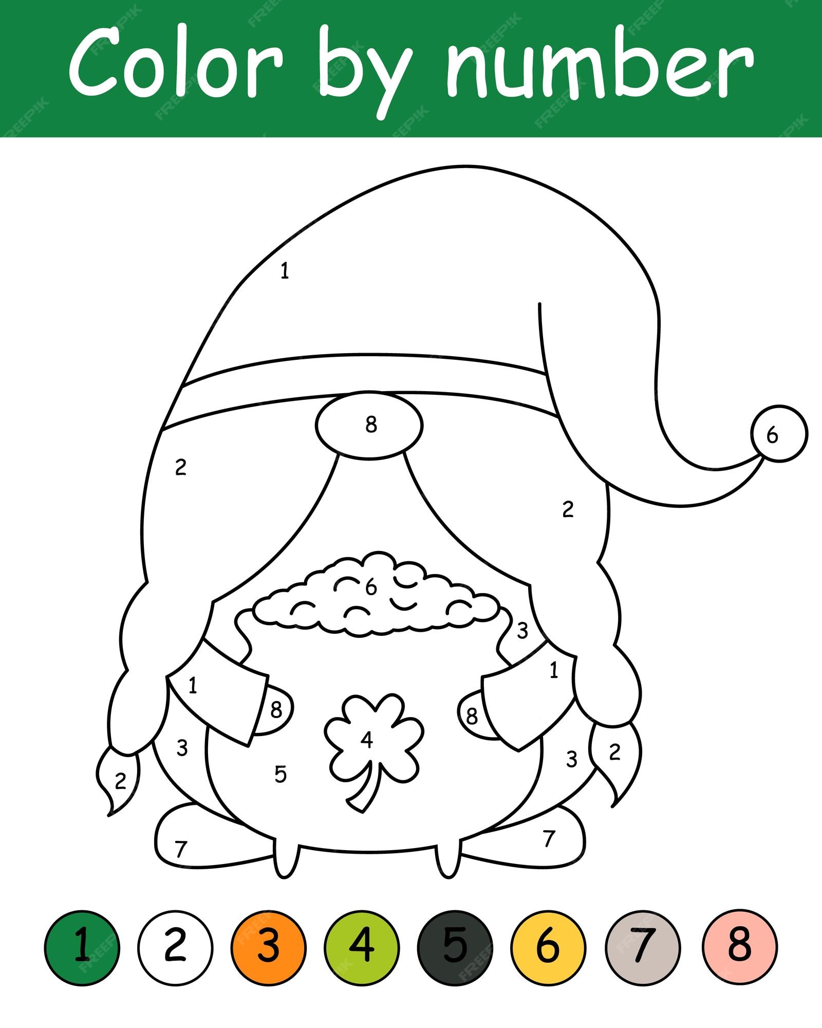 Premium vector color by number game for kids cute gnome with pot gold coins st patricks day coloring book printable worksheet with solution for school and preschool learning numbers activity