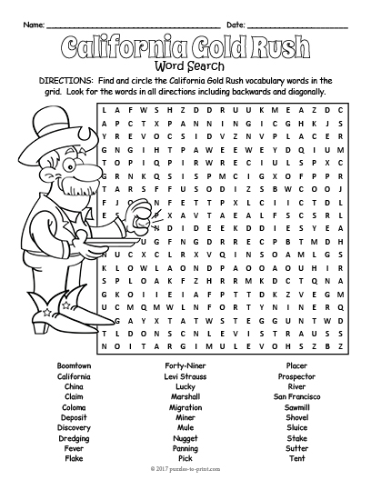 California gold rush word search history worksheet activity made by teachers