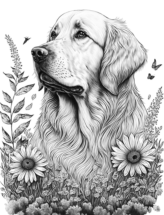 Golden retriever adult coloring sheet ai generated coloring page of a golden retriever dog with flowers instant download