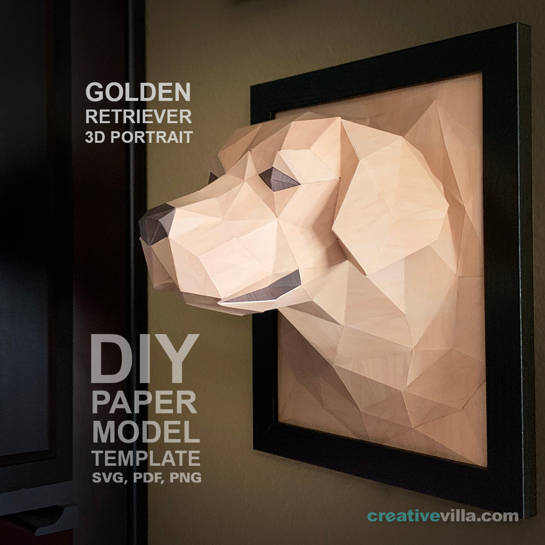 Golden retriever dog d portrait wall sculpture diy low poly paper mod â