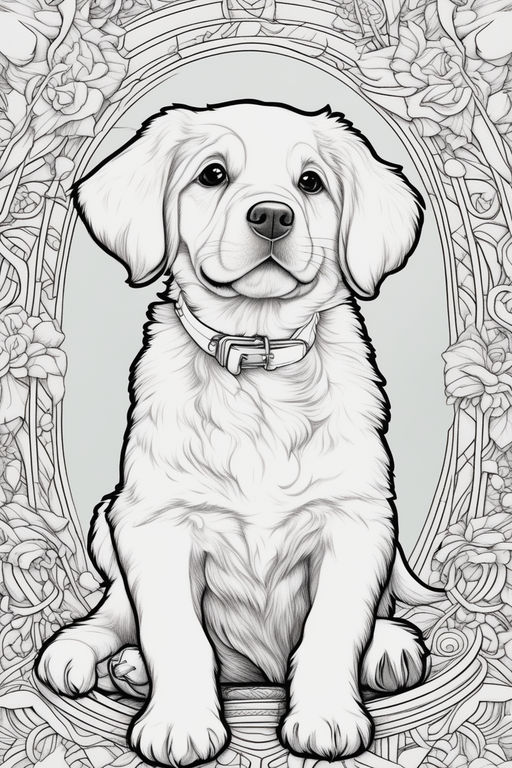 Draw realistic golden retriever in coloring book style thin black outline only