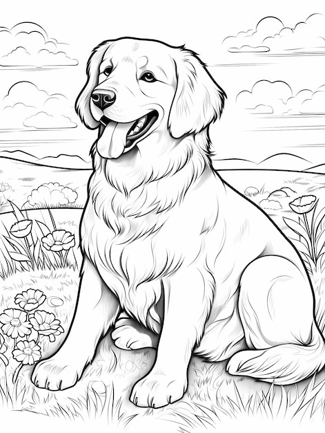 Premium ai image golden retriever dog coloring pages for kids cartoon style