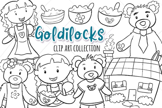 Goldilocks and the three bears story book illustrations black and white coloring page style drawings fairy tale