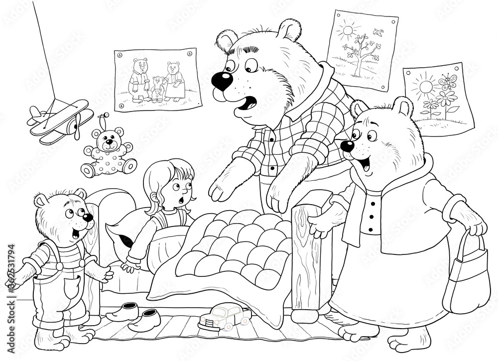 Goldilocks and the three bears fairy tale one picture from series coloring book educational book illustration for children cute and funny cartoon characters illustration