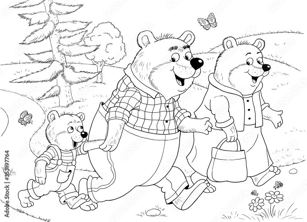 Goldilocks and the three bears fairy tale illustration for children coloring page coloring book cute and funny cartoon characters illustration