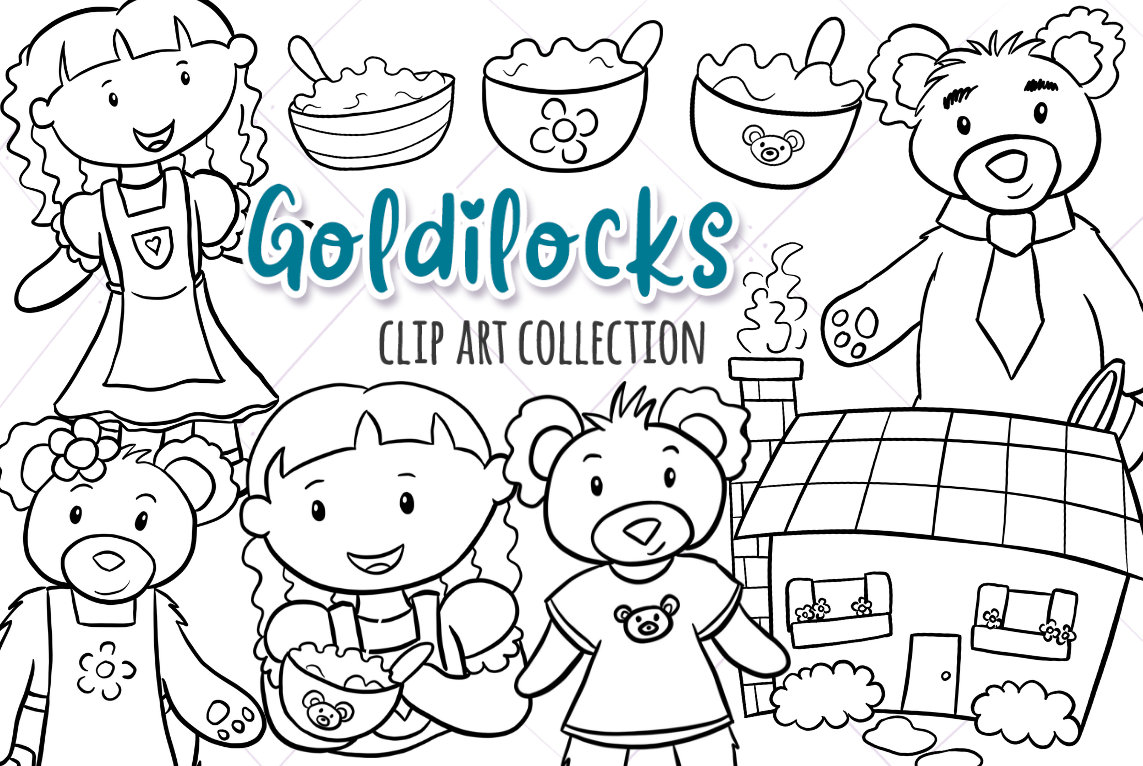 Goldilocks and the three bears story book illustrations black and white coloring page style drawings fairy tale