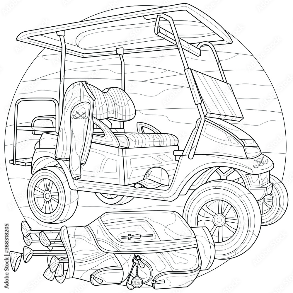 Golf car and golf bagcoloring book antistress for children and adults illustration isolated on white backgroundzen