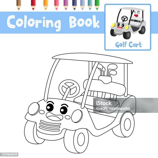 Coloring page golf cart cartoon character perspective view vector illustration stock illustration