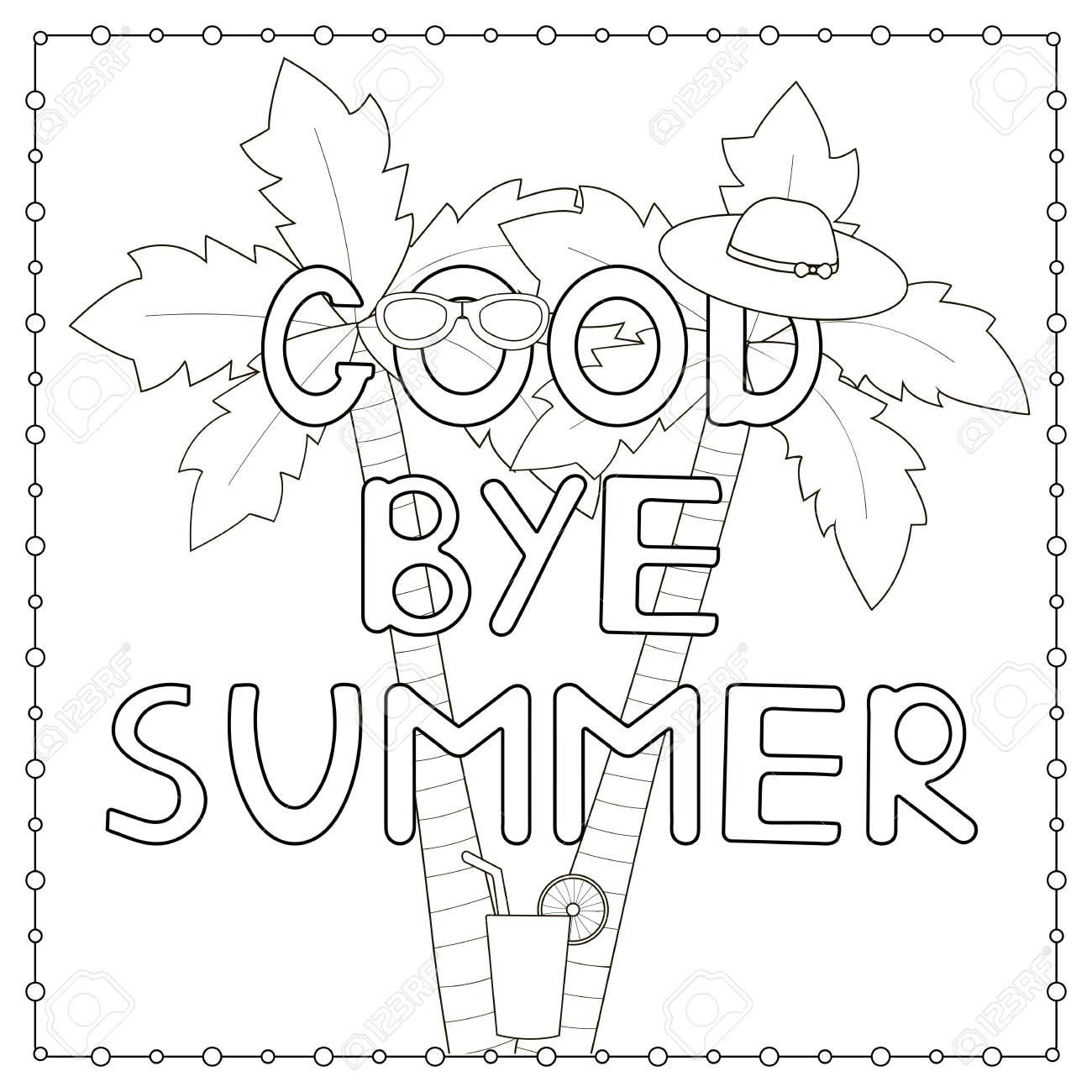 Coloring page with hand drawn text goodbye summer palms hat cocktail vector illustration royalty free svg cliparts vectors and stock illustration image