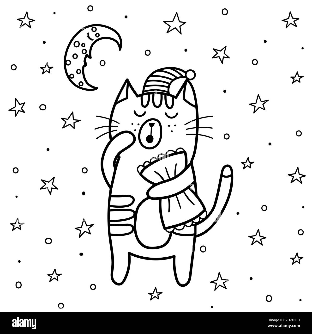 Sleeping cat coloring page good night coloring book with moon and stars stock vector image art