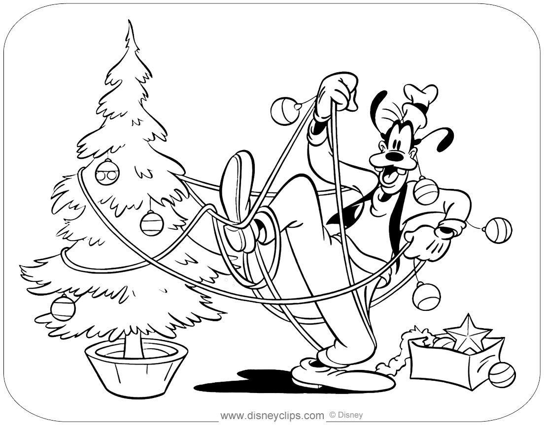 Coloring page of goofy decorating a christmas tree goofy christmas coloringpages disney coloring pages christmas colors christmas coloring books