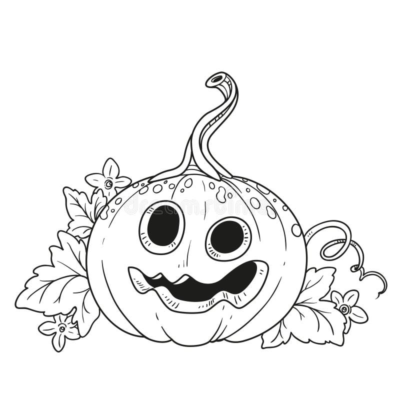 Funny lantern from pumpkin with the cut out of a grin and leaves outlined for coloring page stock illustration