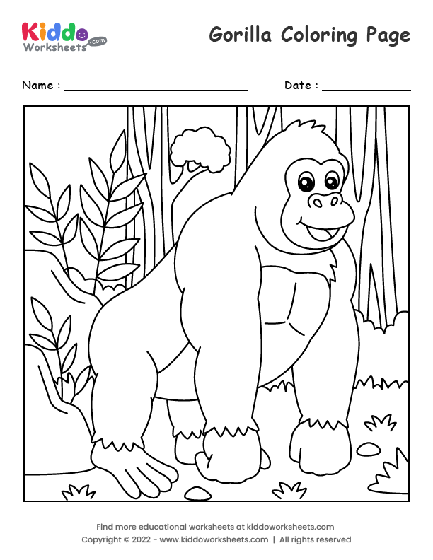 Free printable gorilla coloring page worksheet